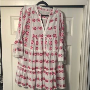 White cotton dress with pink and green embroidery